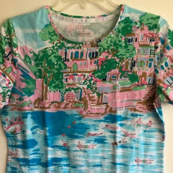 TALBOTS Scenic Mediterranean Tee Short Sleeve Crewneck Blue Pink - Picture 5 of 16